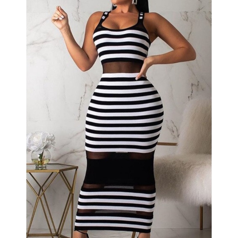 Mesh Stripped white Dress